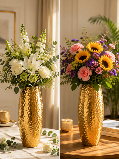 Tall golden floor vase for artificial flowers, dried stems and pampas grass