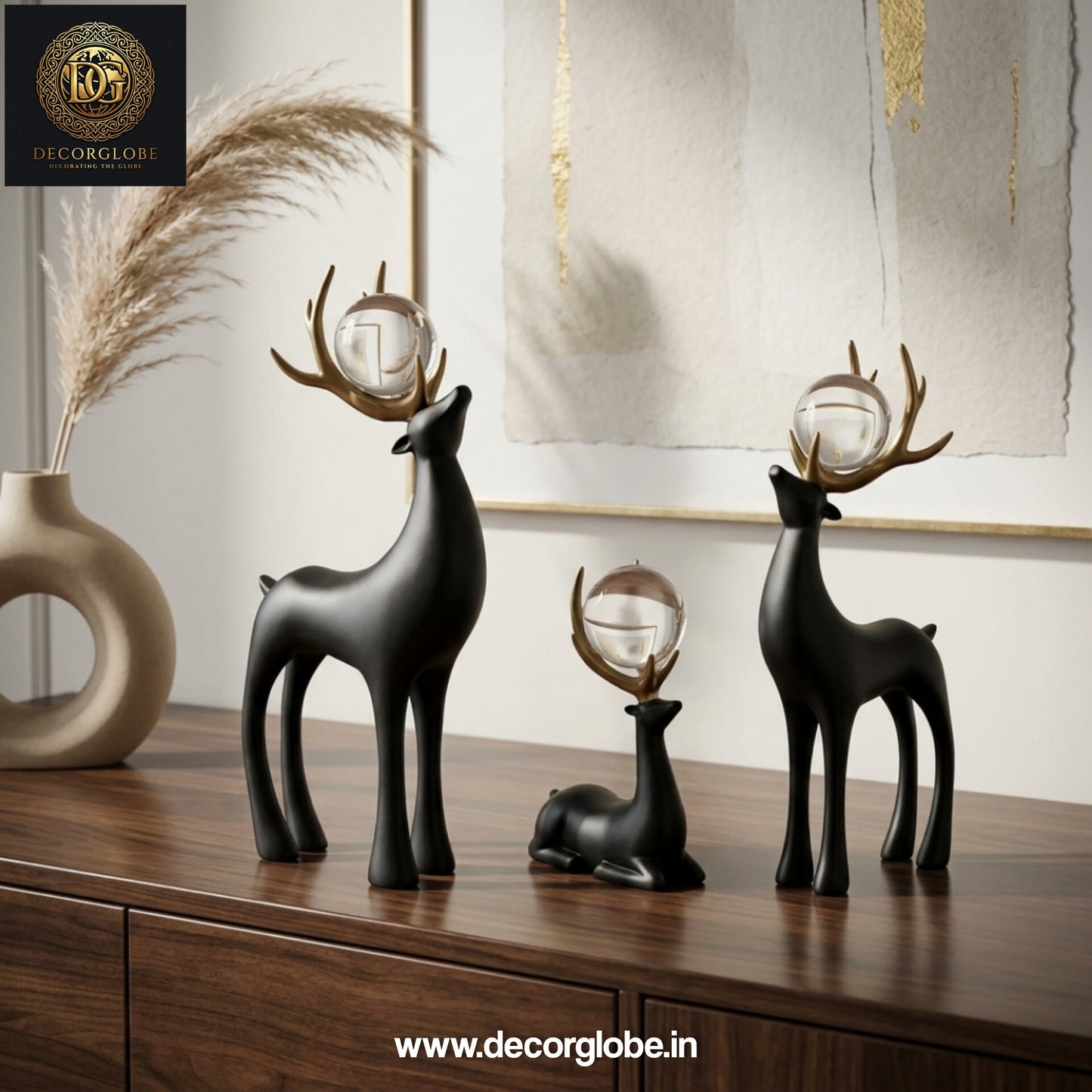 Black Deer Showpiece Set with Crystal Ball – Luxury Home Decor Figurines for Living Room & Office