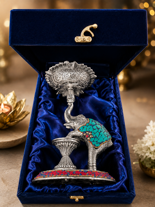 German Silver Elephant Diya Stand with Peacock | Handcrafted Mosaic Deepak for Pooja, Home Décor & Gifting