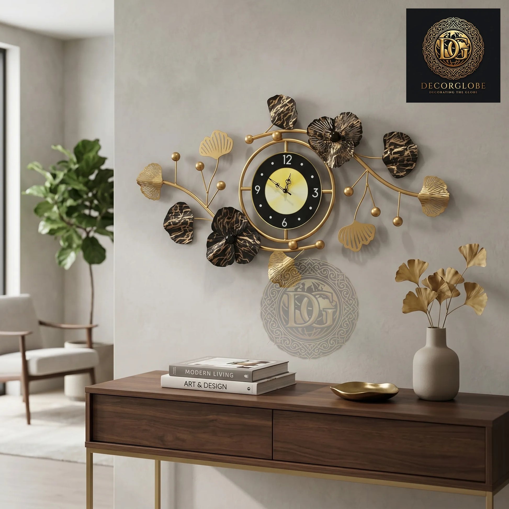 Luxury black and gold floral metal wall clock with premium modern wall décor design measuring 36 x 20 inches for living room and office interiors
