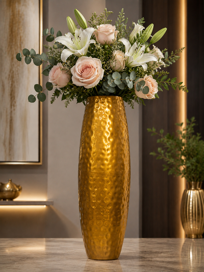 Modern decorative metal vase with hand-hammered texture for home and office