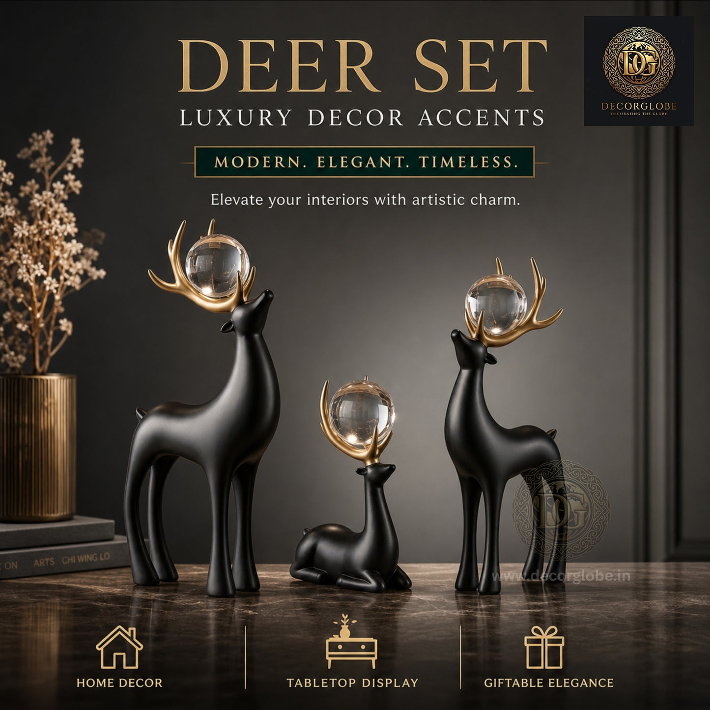 Black Deer Showpiece Set with Crystal Ball – Luxury Home Decor Figurines for Living Room & Office