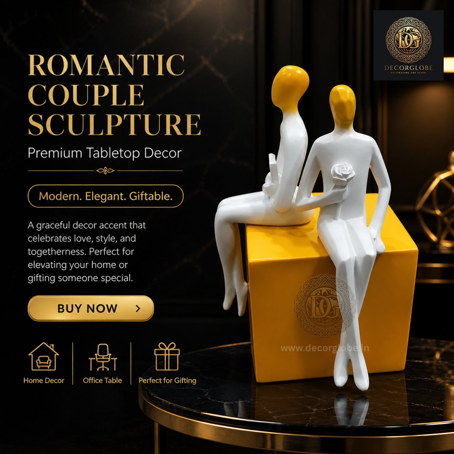 Romantic Couple Sculpture with Flower – Elegant Desk & Shelf Decor