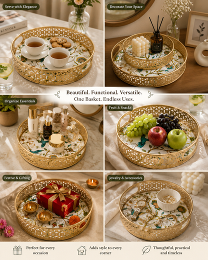Round floral metal tray set measuring 26 x 26 x 5.5 cm for home décor and gifting