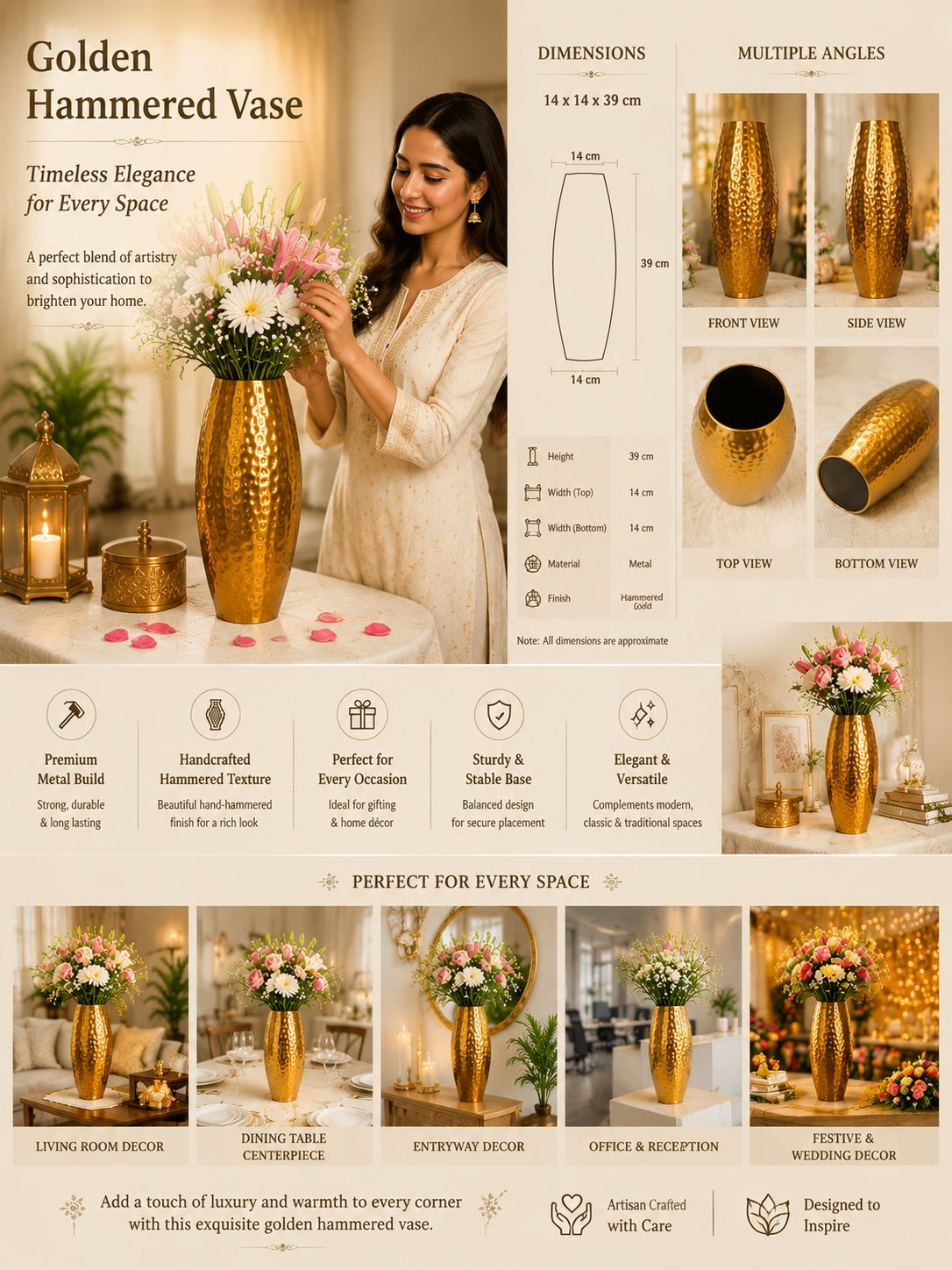 Luxury gold flower vase measuring 14 x 14 x 39 cm for table and floor decoration