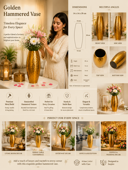 Luxury gold flower vase measuring 14 x 14 x 39 cm for table and floor decoration