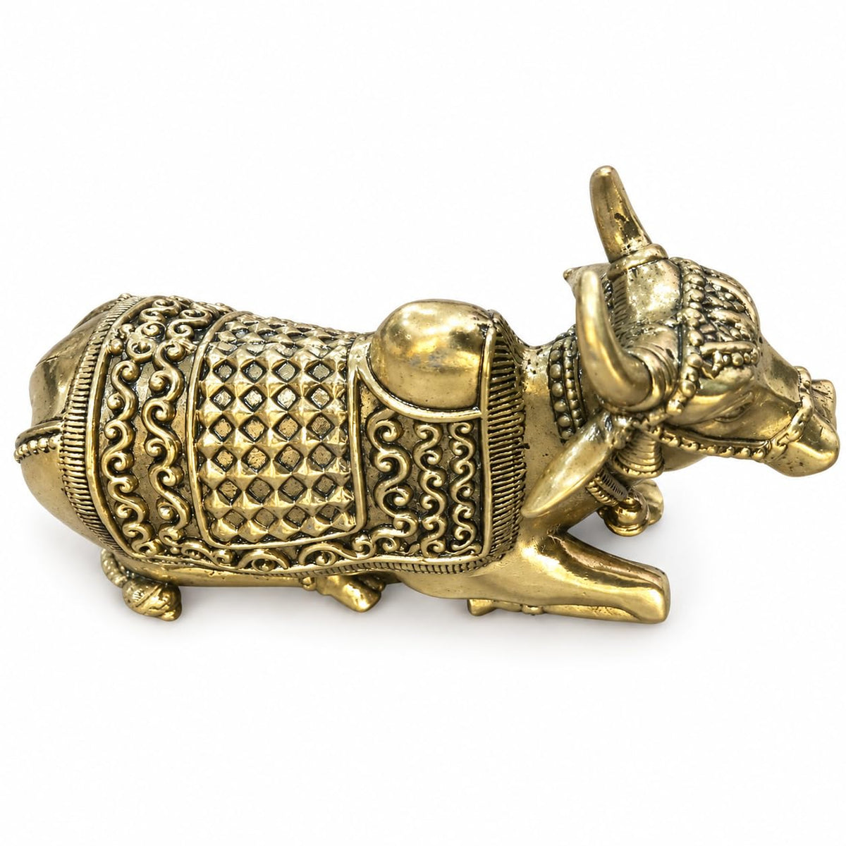 Antique gold brass Nandi Ji murti with detailed traditional handcrafted design