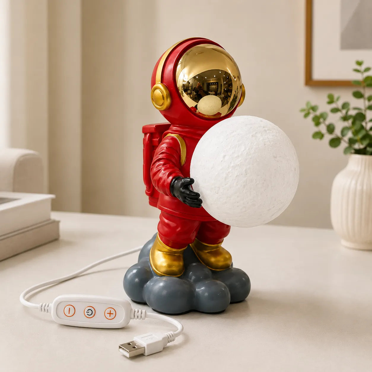 Astronaut Moon Lamp red suit holding glowing moon night light