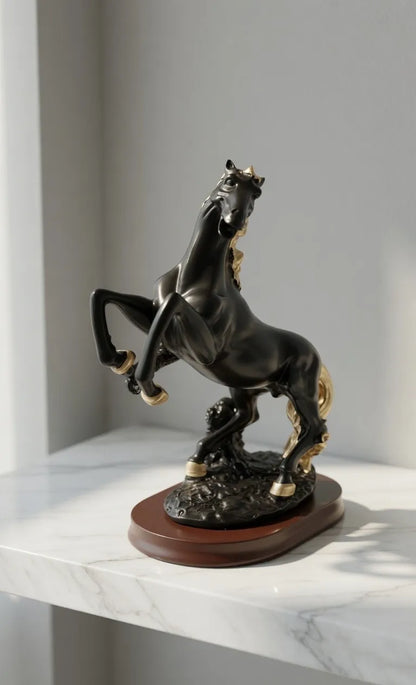 Closeup of gold detailing on mane and hooves of Black Rearing Horse