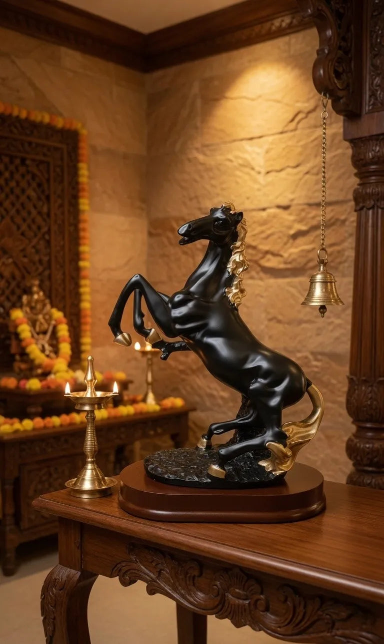 Complete Black Rearing Horse with Gold Accents luxury showpiece