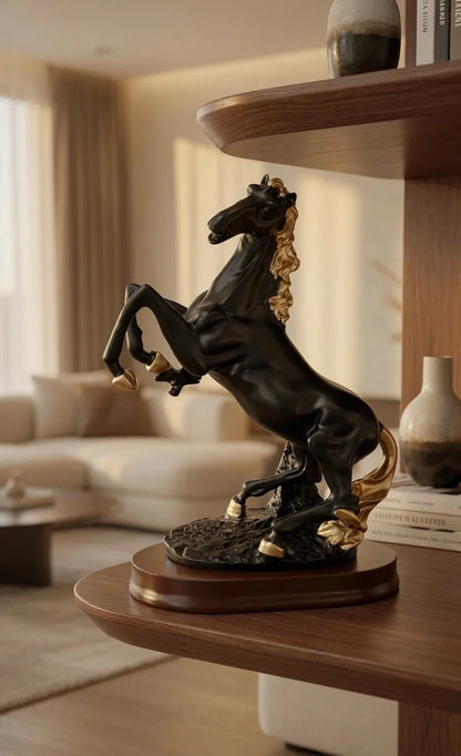 Black Rearing Horse Showpiece with gold mane and accents on wooden base