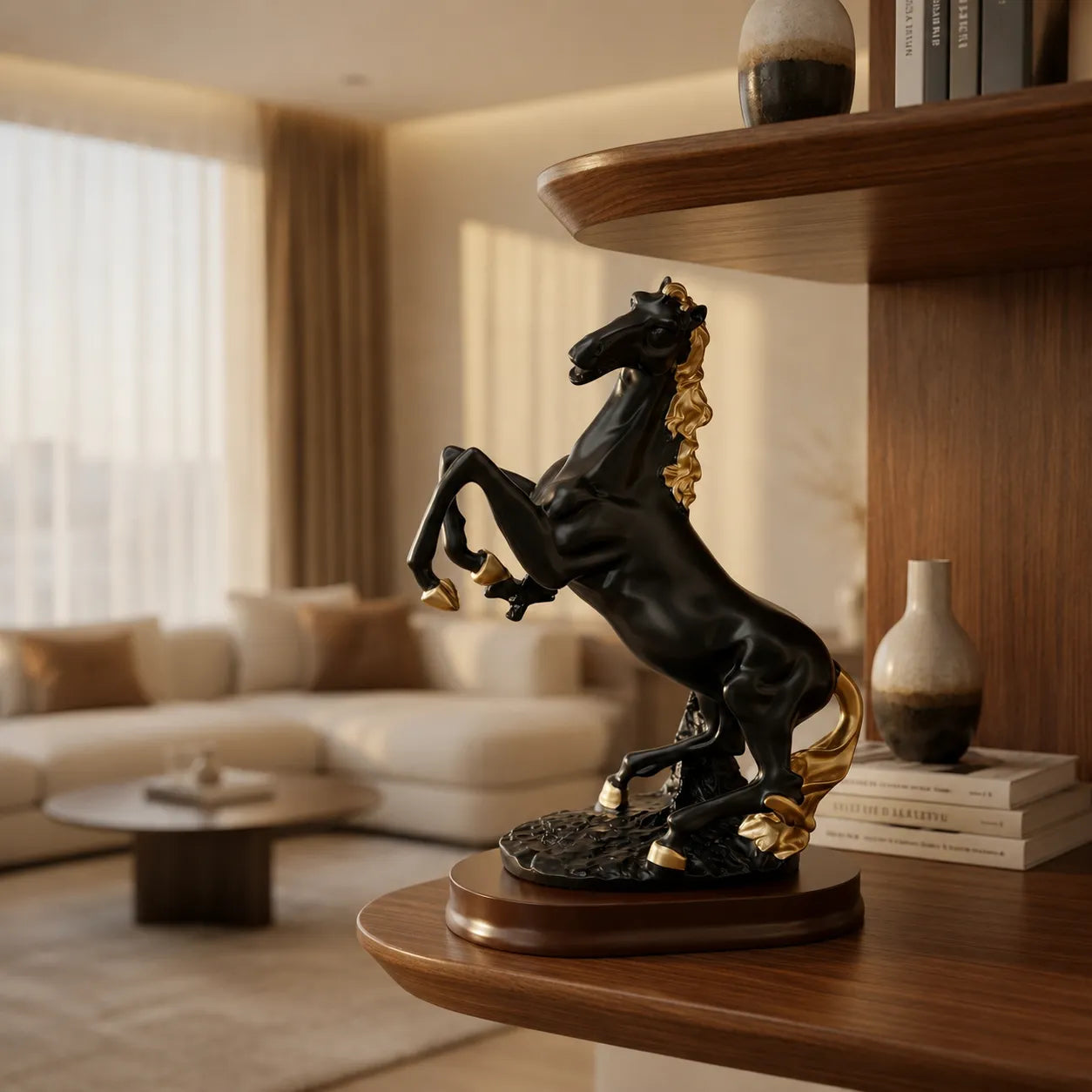 Black Rearing Horse Showpiece with gold mane and accents on wooden base