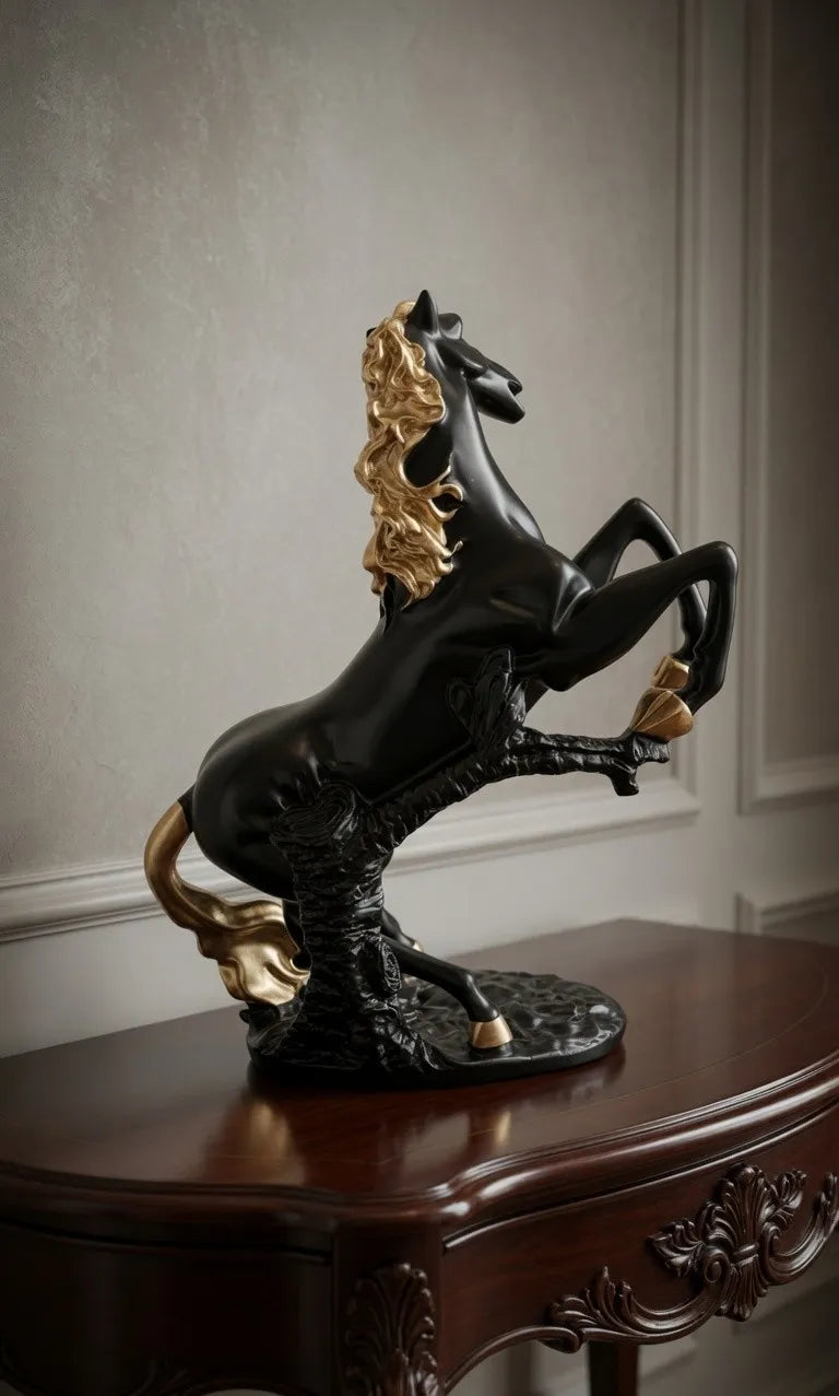 Side view of Black and Gold Rearing Horse decorative statue