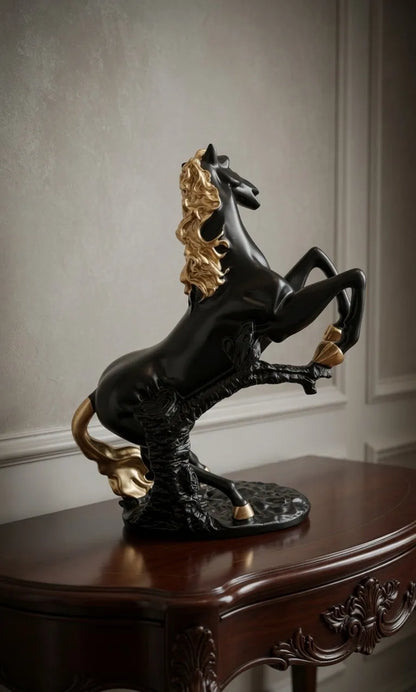 Side view of Black and Gold Rearing Horse decorative statue