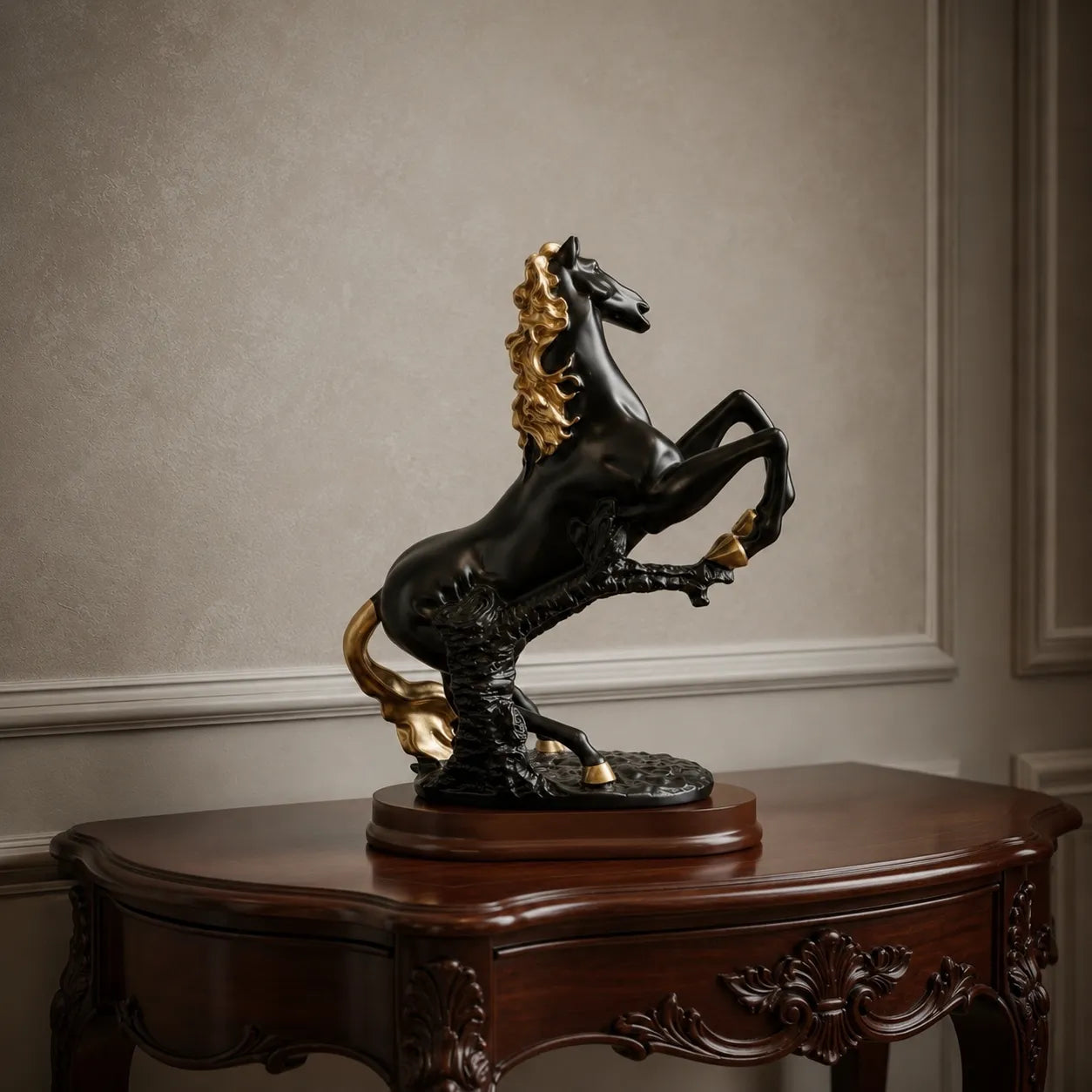 Side view of Black and Gold Rearing Horse decorative statue