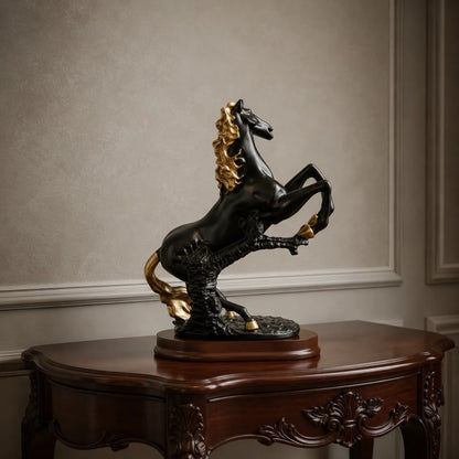 Side view of Black and Gold Rearing Horse decorative statue