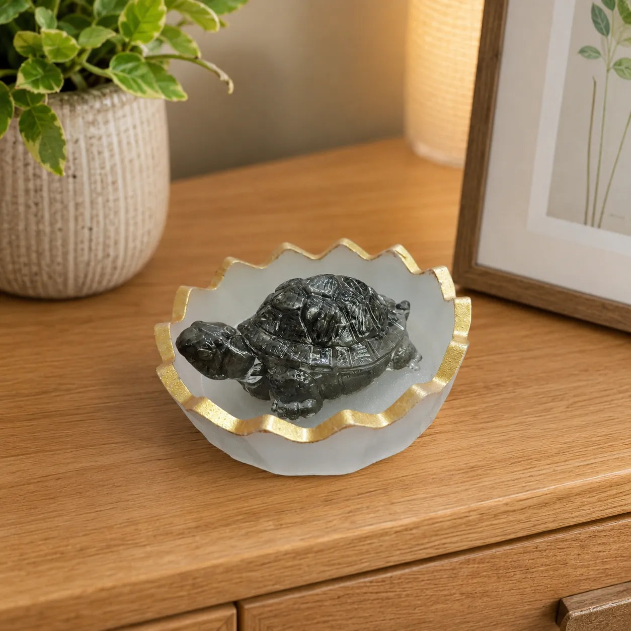 Closeup of Black Stone Tortoise and golden edge Selenite Tray