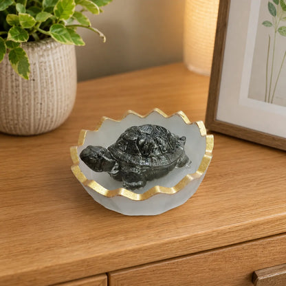 Closeup of Black Stone Tortoise and golden edge Selenite Tray