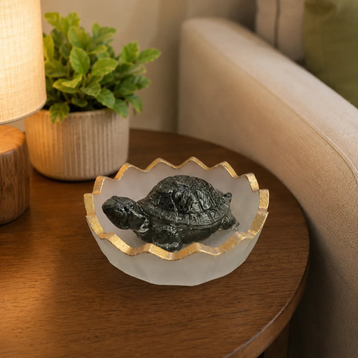 Black Stone Tortoise placed in Selenite Crystal Tray for vastu decor