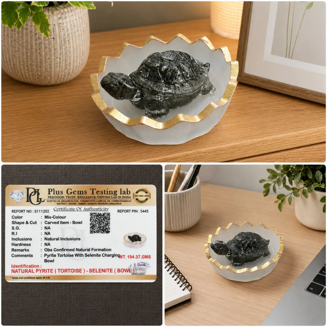 Black Stone Tortoise with Selenite Tray placed in elegant home decor