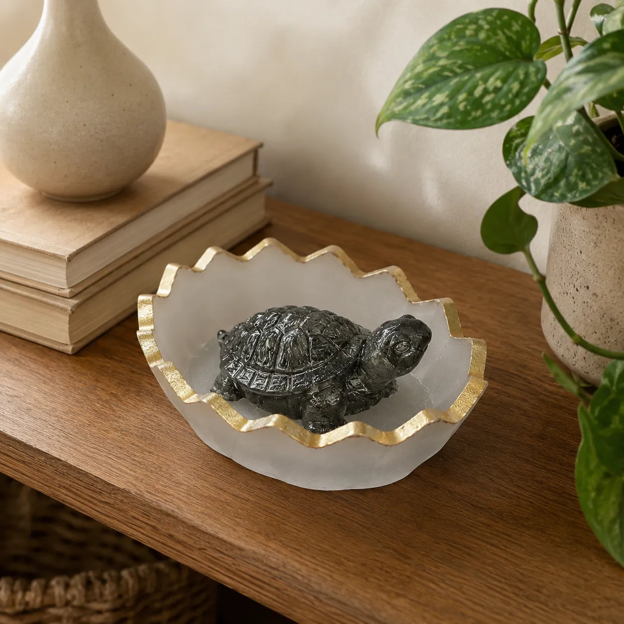 Side view of Black Stone Tortoise with Selenite Tray
