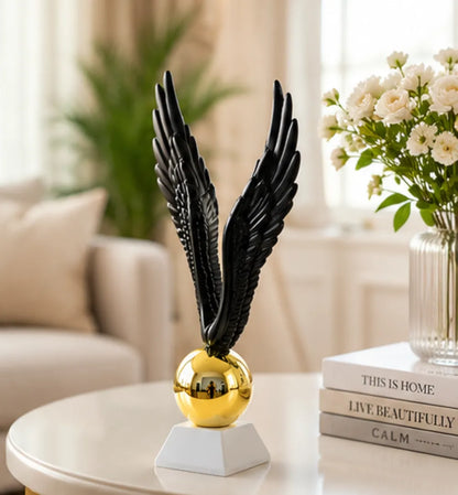Black Wings Golden Orb Showpiece on White Base - Elegant Decor