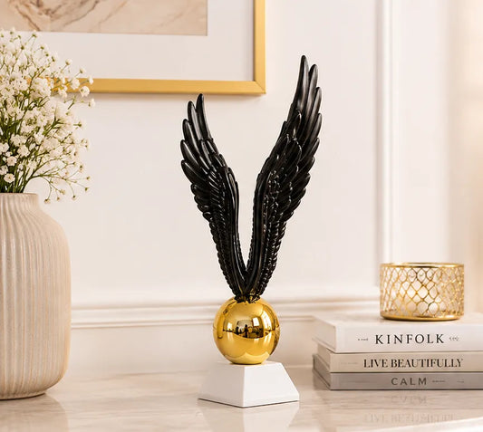 Black Wings Golden Orb Showpiece on White Base - Elegant Decor