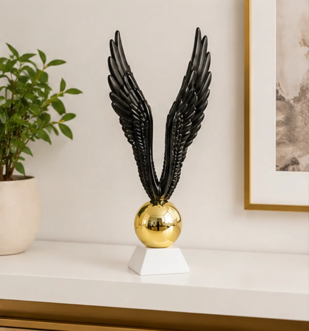 Black Wings Golden Orb Showpiece on White Base - Elegant Decor