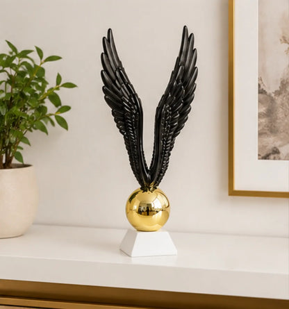 Black Wings Golden Orb Showpiece on White Base - Elegant Decor