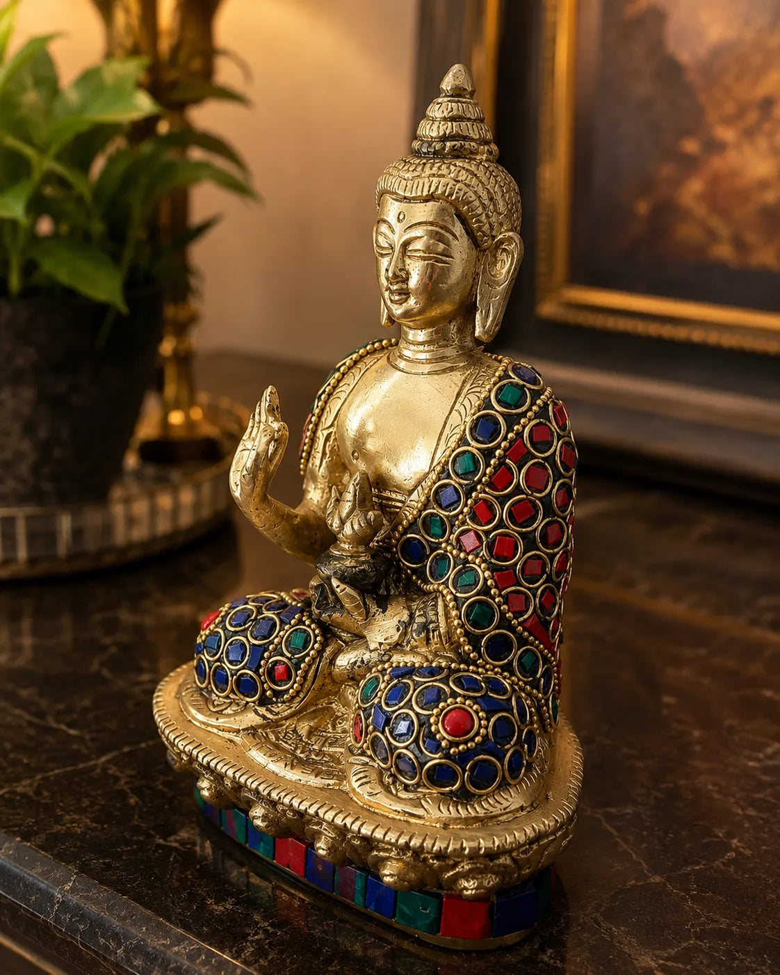 Complete Brass Buddha with Stone Work spiritual idol