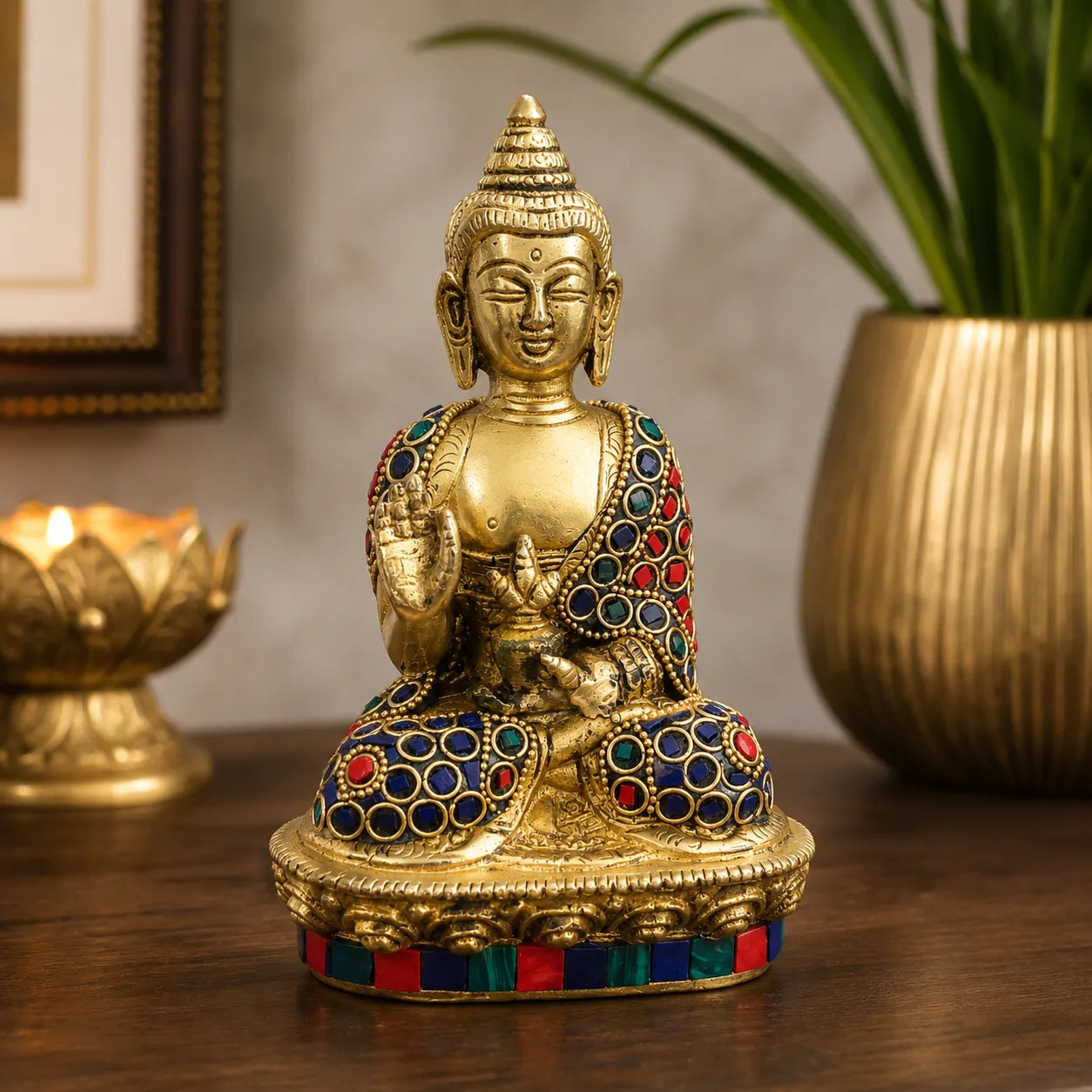 Brass Buddha Idol with colorful red green blue stone work