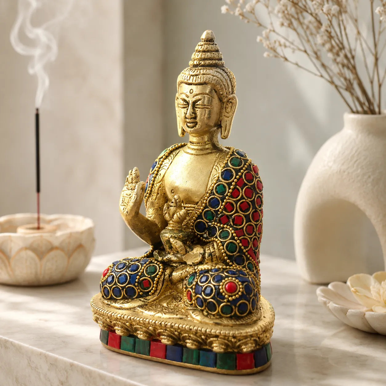 Side view of Brass Buddha with stone inlay detailing