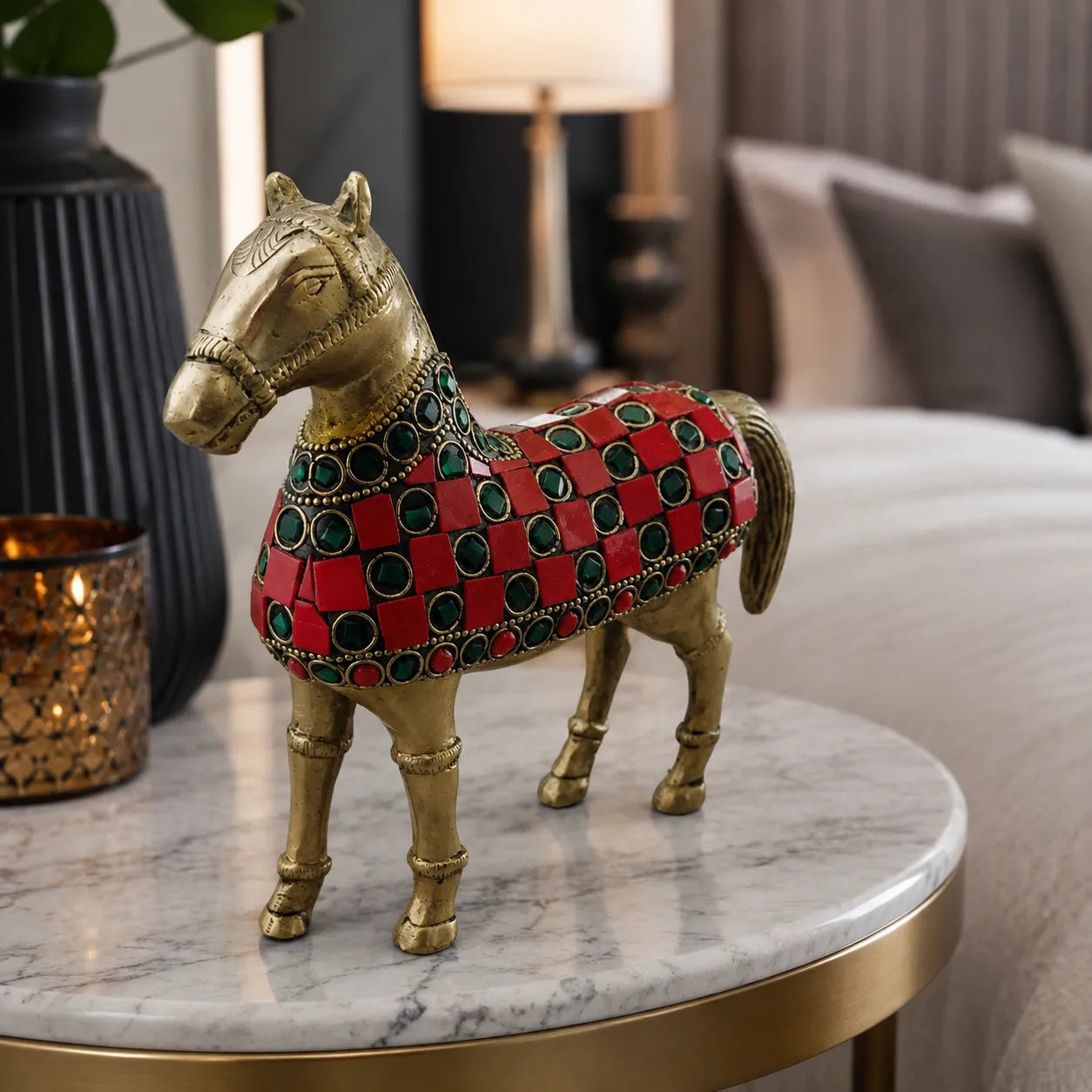 Closeup of red and green stone work on Brass Horse decorative showpiece