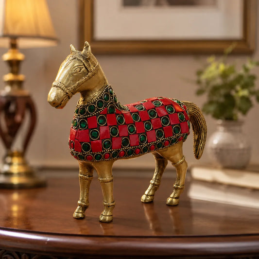 Brass Horse with red and green stone work antique golden finish showpiece