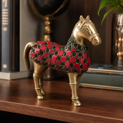 Side view of Brass Horse with colorful red green stone inlay