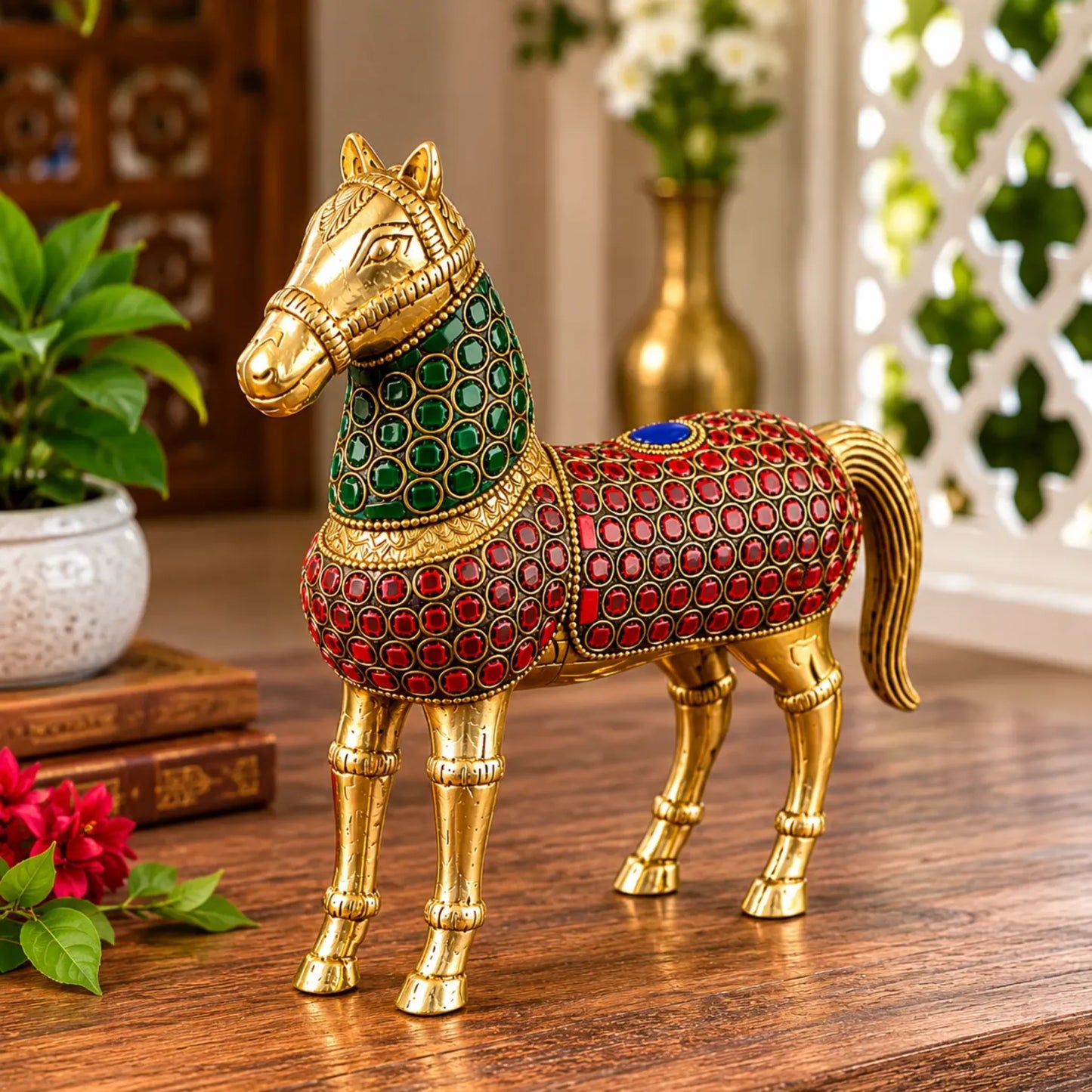 Closeup of detailed stone work on Brass Horse decorative showpiece