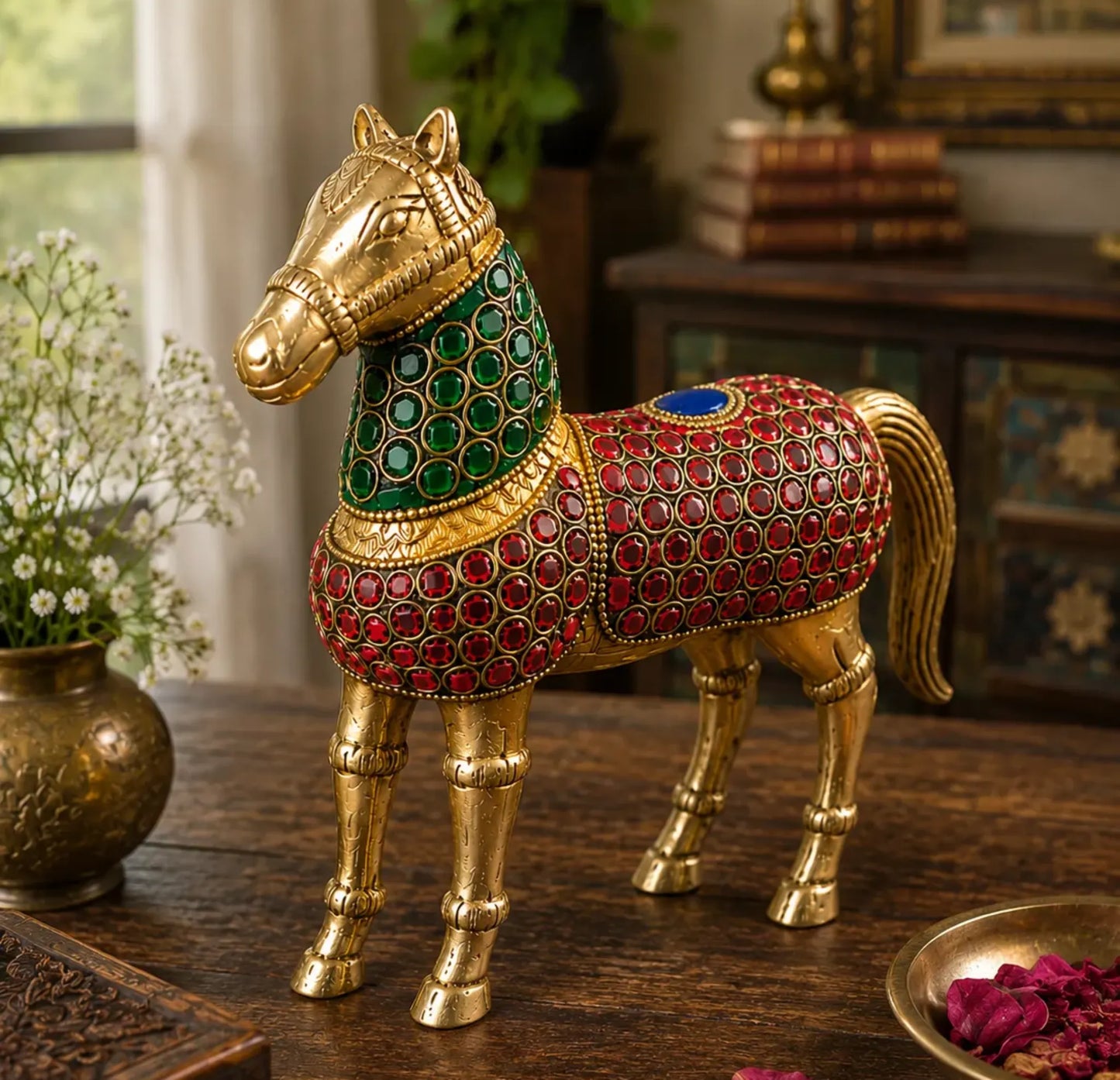 Brass Horse with colorful stone work and antique golden finish showpiece