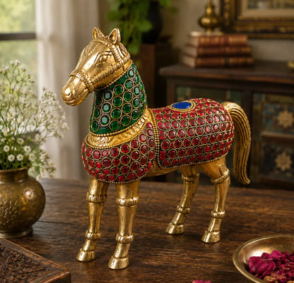 Brass Horse with colorful stone work and antique golden finish showpiece