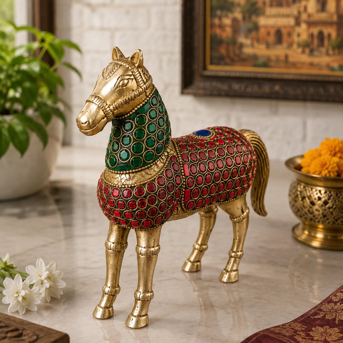 Brass Horse Showpiece with stone work placed in elegant home decor