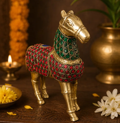 Side view of Brass Horse Showpiece with red and green stone work