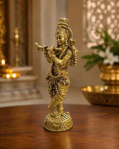 Side view of Brass Krishna with flute