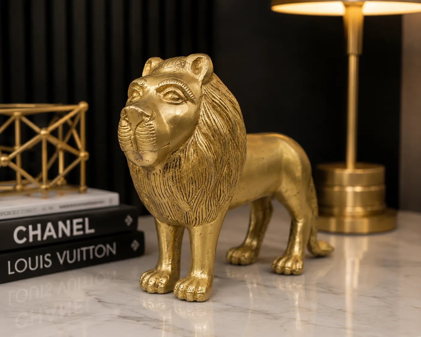 Closeup of detailed carving and antique finish on Brass Lion Showpiece