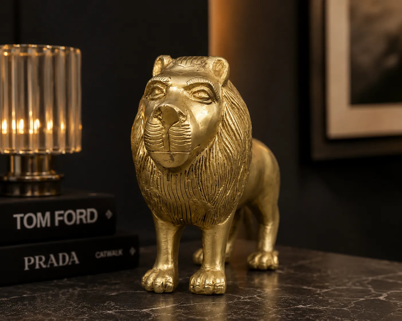 Brass Lion Showpiece with antique golden finish for home decor