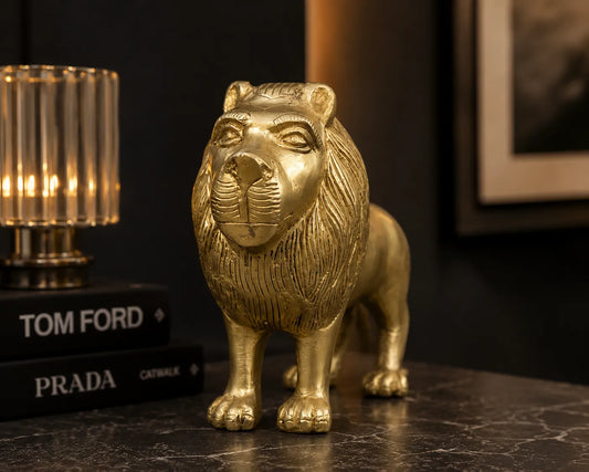 Brass Lion Showpiece with antique golden finish for home decor