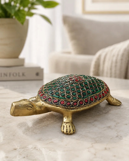 Brass Tortoise with red and green stone work Vastu showpiece