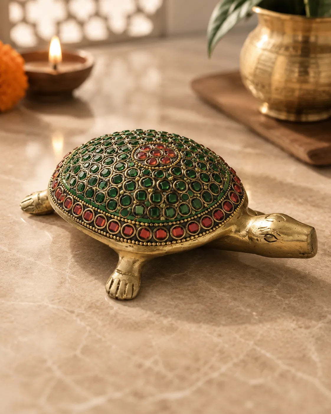Side view of Brass Tortoise with colorful stone inlay