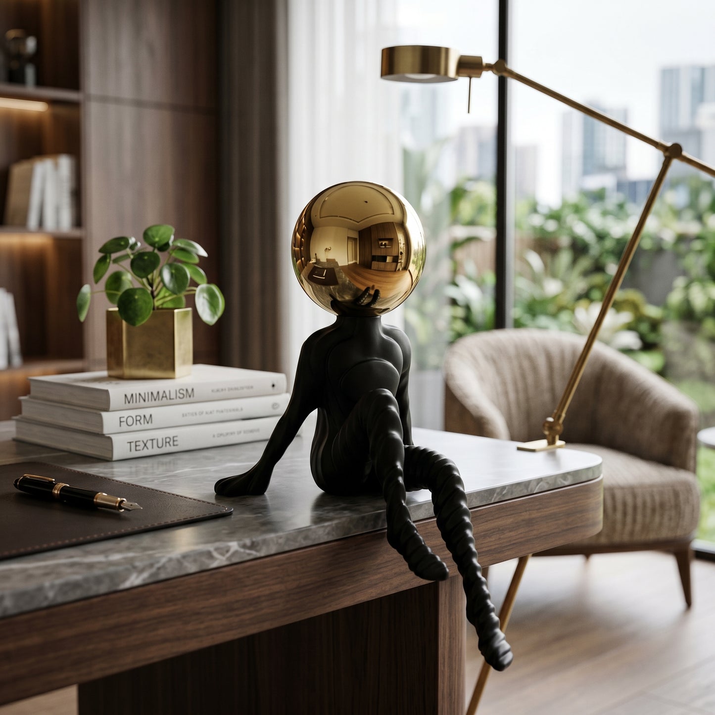 Abstract Thinker Figurine with Golden Ball (Premium Desk Decor)
