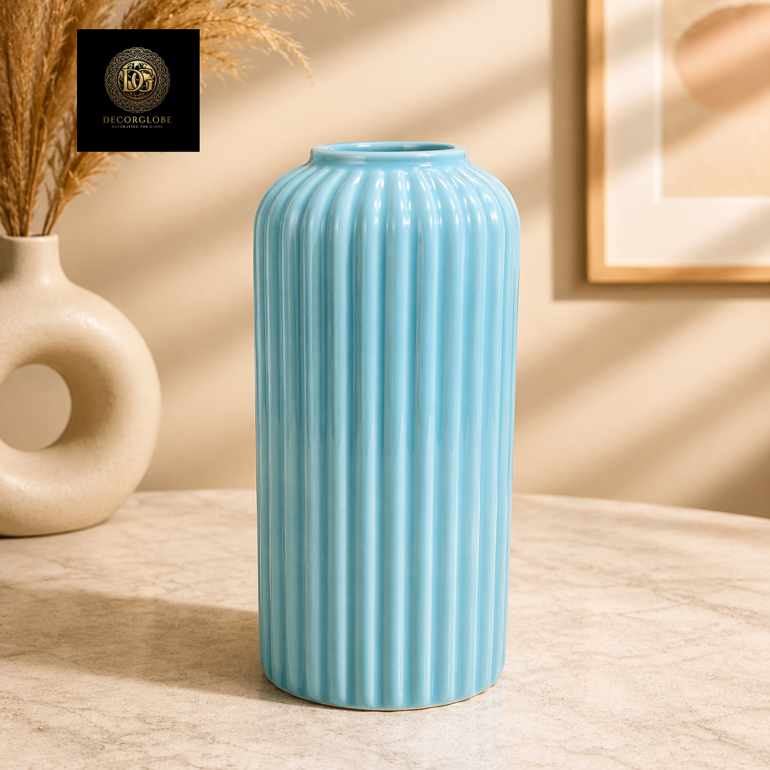 Sky Blue Ribbed Ceramic Vase