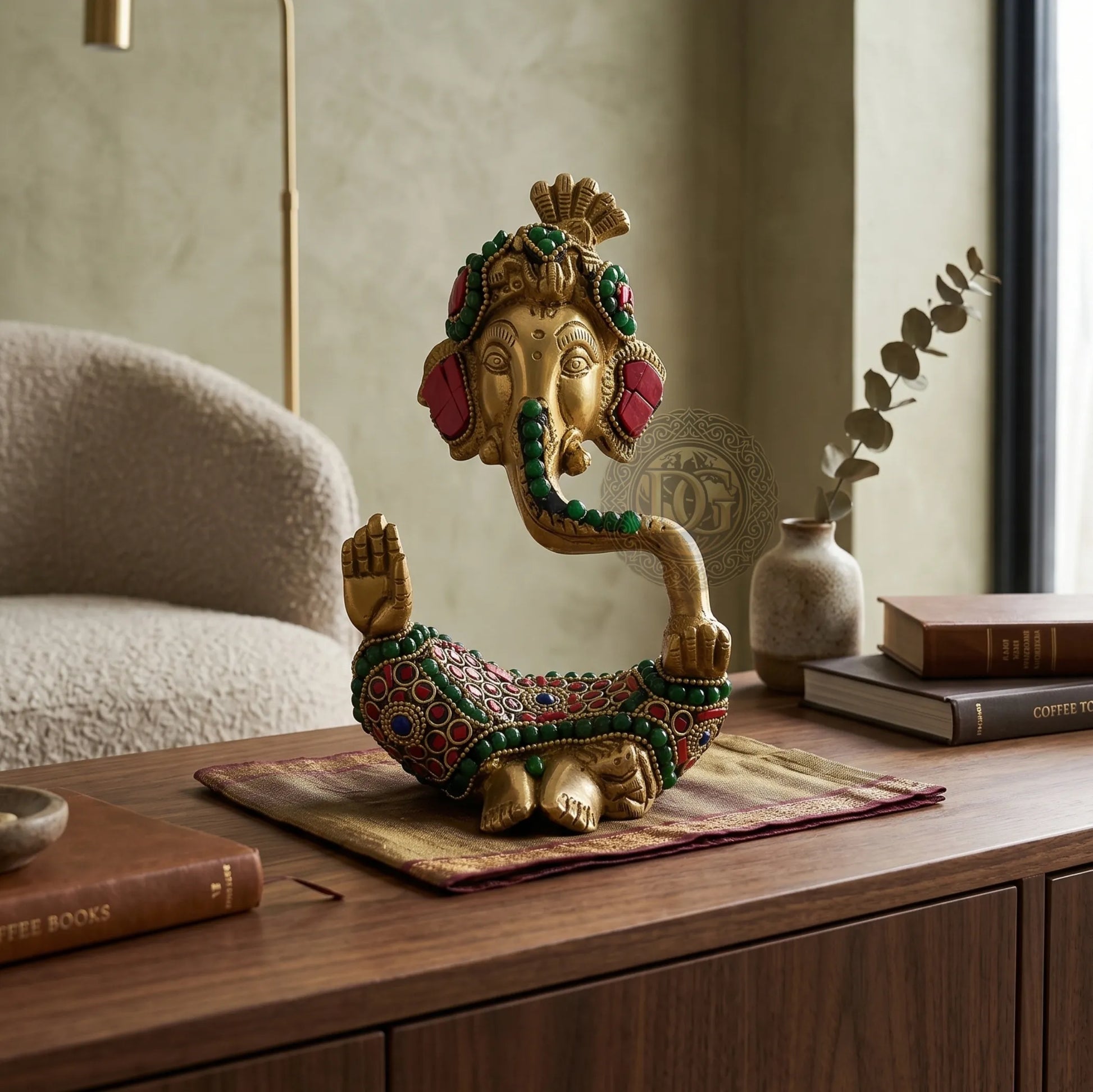 Complete Ganesh Ji Brass Idol with stone work antique finish