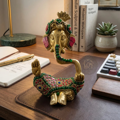 Ganesh Ji Brass Idol with stone work placed on office desk decor
